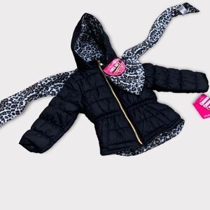 NWT Girls Coat Black Zip up Hooded Puffer with Scarf + Beenie Bonus Sz 4 $89